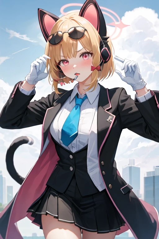 best quality, masterpiece, highres, solo, {black business suit:1.40}, {tie:1.20}, {sunglasses:1.25}, {white gloves:1.15}, {white shirt:1.10}, {black skirt:1.15}, {smoking:1.20}, handsome, {momoi_bluearchive:1.15}, animal_ears, headphones, blonde_hair, fake_animal_ears, animal_ear_headphones, cat_ear_headphones, bow, halo, hair_bow, bangs, pink_eyes, blush, open_mouth, short_hair, necktie, blue_necktie, red_bow, cat_ears, red_eyes