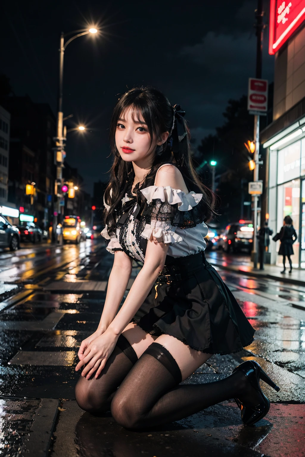 best quality, quality, masterpiece, photorealistic, 1girl, solo, twintails, hair ribbon, kneeling,jirai kei attire, jirai kei, black thighhighs, high heels, in street, neon light, rain, cityscape, <lora:jiraikei_attire_style2_v1:0.65>