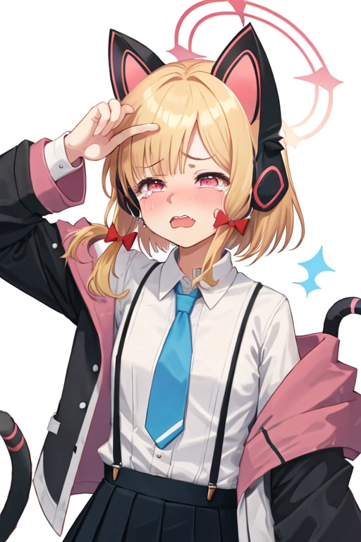 best quality, masterpiece, highres, solo, {momoi_bluearchive:1.15}, animal_ears, headphones, blonde_hair, fake_animal_ears, animal_ear_headphones, cat_ear_headphones, bow, halo, hair_bow, bangs, pink_eyes, blush, open_mouth, short_hair, necktie, blue_necktie, red_bow, cat_ears, red_eyes, 1girl, closed_eyes, collared_shirt, crying, shirt, simple_background, tears, upper_body, white_background, white_shirt, facing_viewer, jacket, suspenders, wavy_mouth