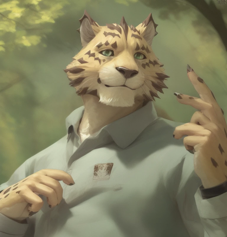 posing, pose, ose, green eyes, felid, detailed hands, detailed face, smile, shirt, 1boy, male focus, whiskers <lora:ose-09:0.9> <lora:purefurry_v0.2:1>