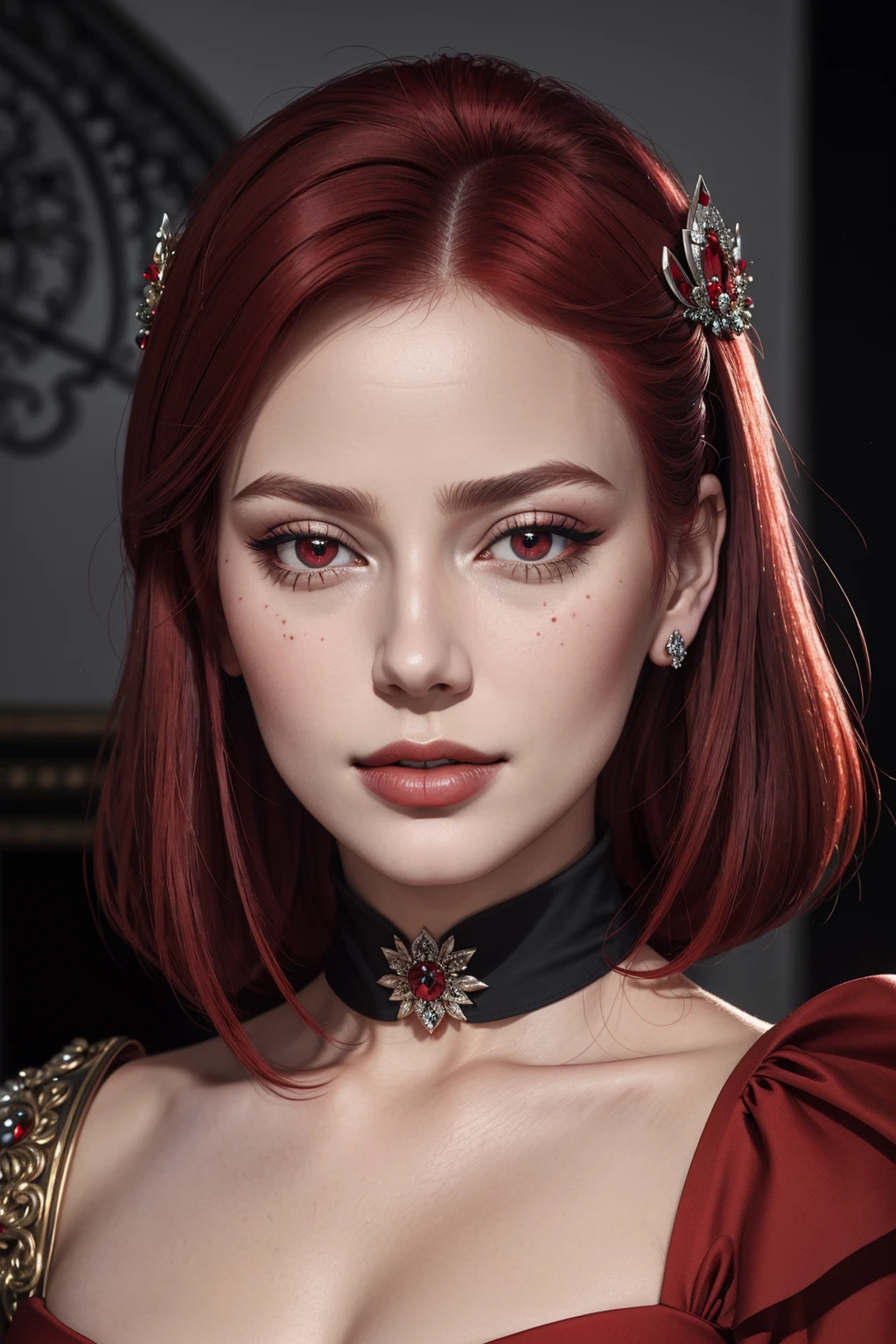 ((Masterpiece, best quality,edgQuality)),smirk,smug,
edgAyre, red hair,red eyes,dress,
 <lora:edgAyre_AC6:1>
edgParure_jewelery, a woman wearing a tiara and a sapphire sash , wearing edgParure_jewelery <lora:Parure_MINI:1>