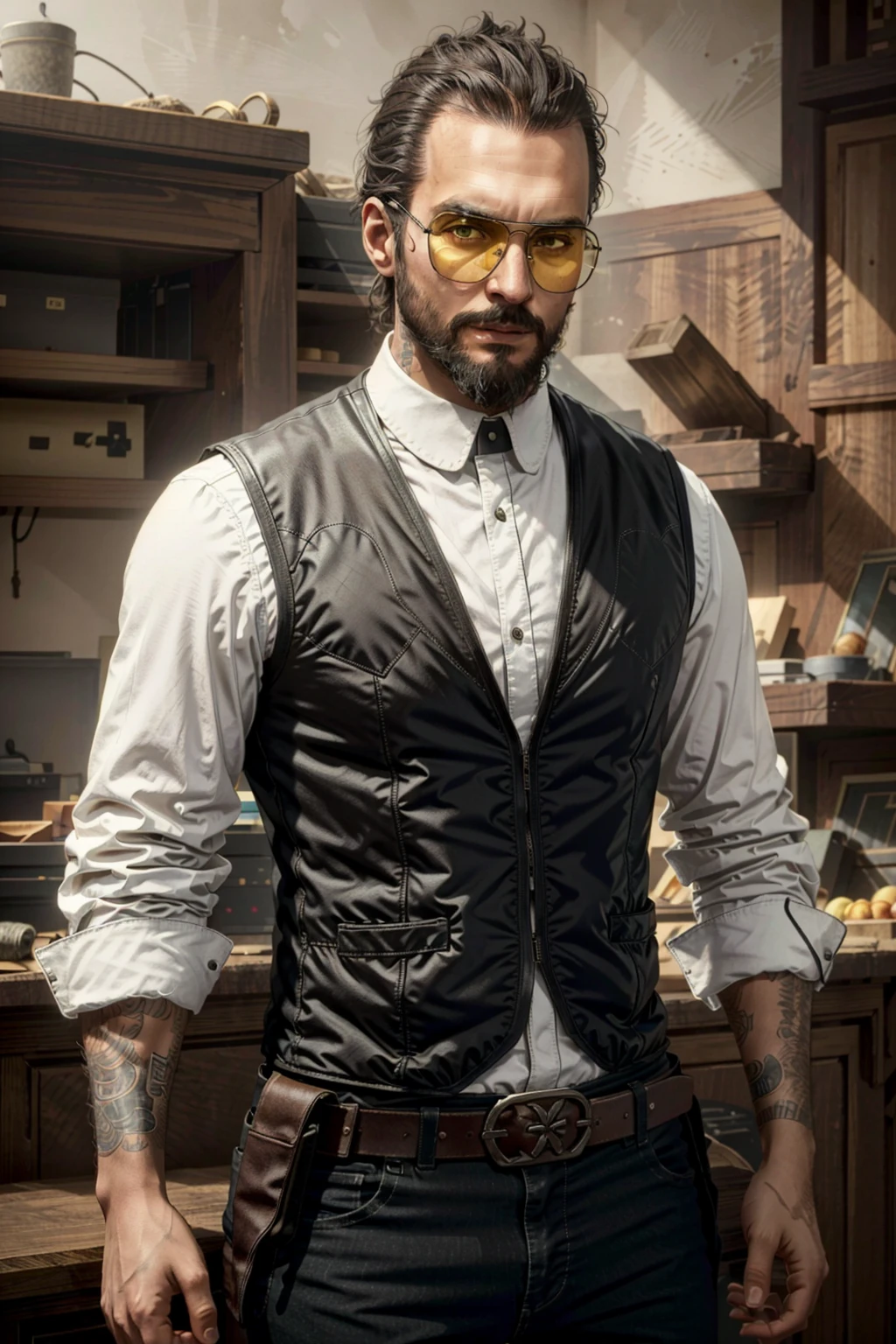 JosephFar, 1boy, solo, facial hair, male focus, beard, black hair, realistic, vest, belt, glasses, shirt, sunglasses, tattoo
<lora:epi_noiseoffset2:1>, <lora:JosephFar:0.7>