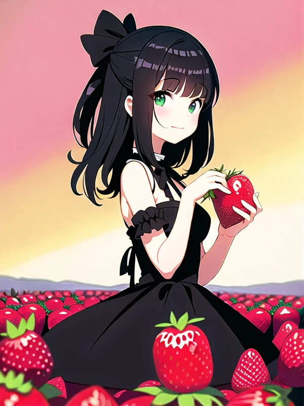 solo,Goth dress girl picking strawberries in a strawberry field