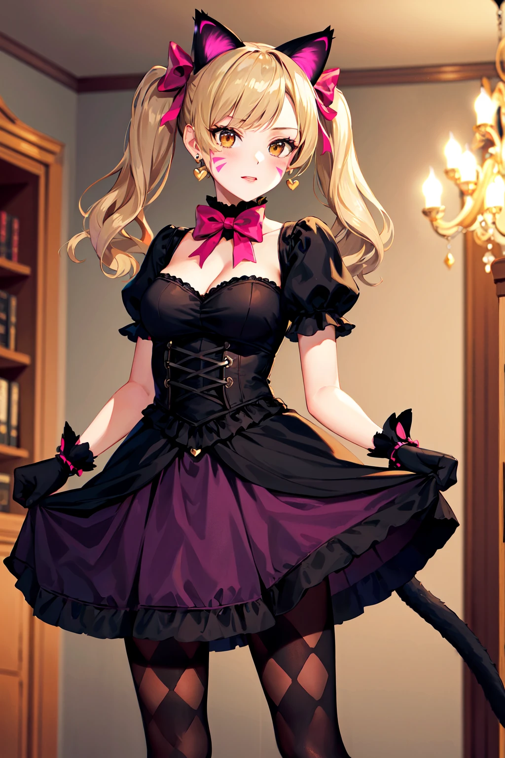 "Masterpiece, best quality, ultra-detailed, illustration, portrait, black silk bunny girl standing dignified in a lace-trimmed short skirt, slender legs, distinctive pink eyes, blonde hair plus seemingly pink, prompts the following code: " --auto --s2