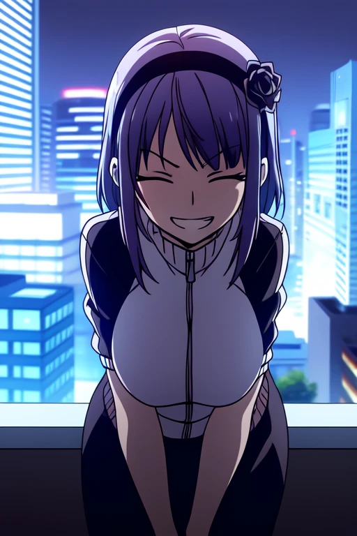 1girl, solo,sitting, cyberpunk cityscape,night city \(city\), night, masterpiece, professional artwork, famous artwork, perfect face,(glowing eyes:1), beautiful face, intense look <lora:hotaru-09:0.7>,Hotaru, purple hair, hairband, ringed eyes, smile showing teeth, blue eyes, hair flower, hair ornament, short hair, breasts, black tracksuit, standing, top of building, one eye closed,