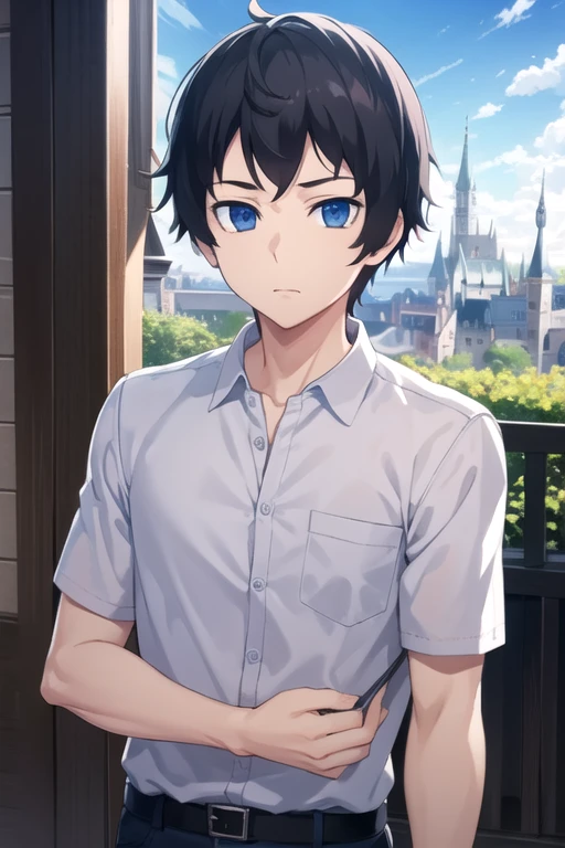 masterpiece, best quality, game cg, 1boy, solo, male focus, looking at viewer, upper body, depth of field, <lora:tomoki_sakai:0.68>, tomoki_sakai, black hair, blue eyes, , The Castle of Shadows, 4k resolution