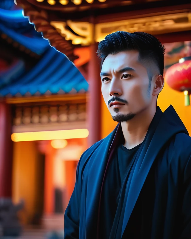 Abstract, 8K, photo shot from front, mid-body portrait, highly-detailed, (flat color:1.1),(colorful:1.3),(masterpiece:1.2), best quality, masterpiece, original, extremely detailed wallpaper, looking at viewer, oriental city,eastern architecture,a lot of details,mysterious expression, in a modern and abstract setting, with bold and colorful abstract art, blurred background, bright lighting,