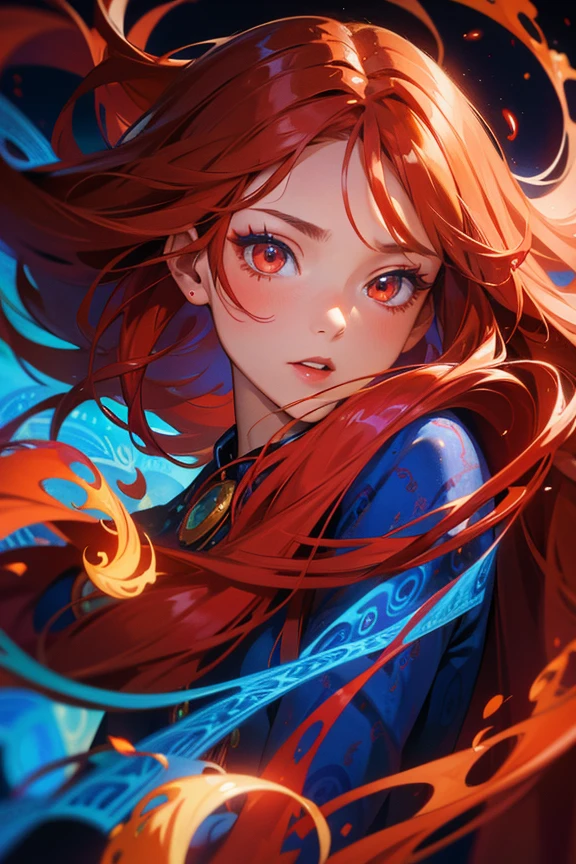 masterpiece, best quality, 1girl,red flame background, red hair, Long curly hair, face front, ((red fashion silk lone costume with blue swirling vortexes pattern)), emotional face, (close up portrait), make up, studio light, studio fire flame effect