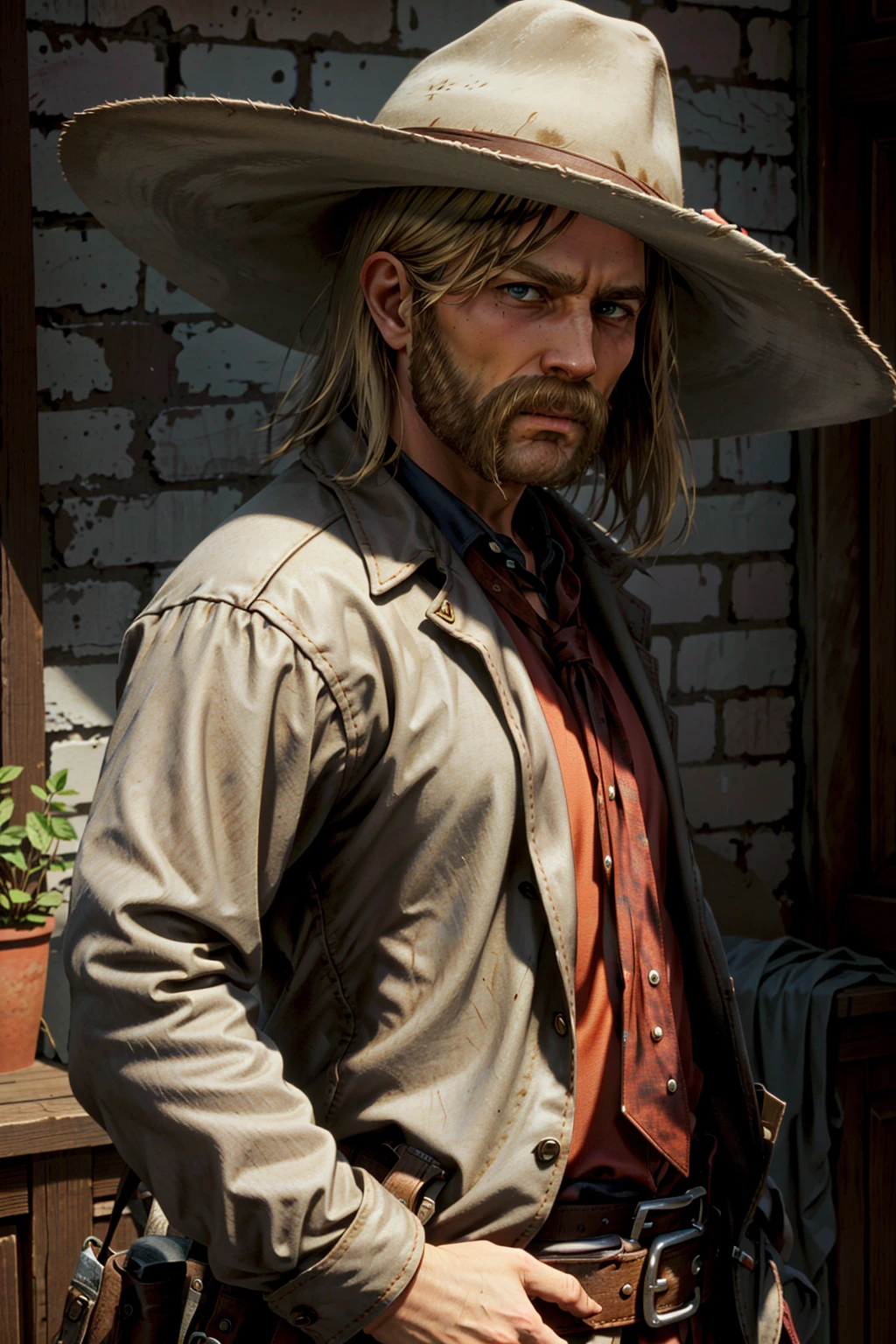 MicahRDR, 1boy, male focus, solo, hat, facial hair, cowboy hat, beard, cowboy western, blonde hair, looking at viewer, necktie, upper body, shirt, manly
<lora:epi_noiseoffset2:1>, <lora:MicahRDR:0.7>