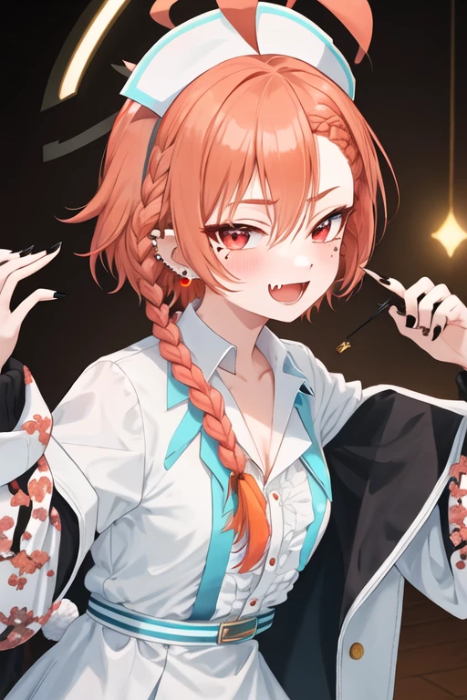 best quality, masterpiece, highres, solo, {neru_bluearchive:1.15}, braid, mole, mole_under_eye, bangs, red_eyes, halo, ahoge, single_braid, blush, orange_hair, open_mouth, hair_between_eyes, breasts, animal_ears, earrings, fake_animal_ears, rabbit_ears, short_hair, jewelry, small_breasts, pink_hair, 1girl, hat, nail_polish, nurse, nurse_cap, stud_earrings, upper_body, :d, black_nails, fang, looking_at_viewer, smile, ear_piercing, piercing