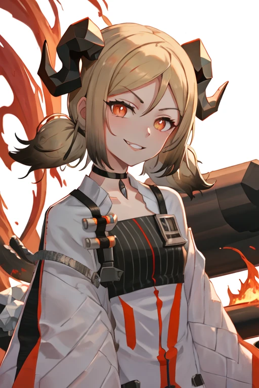 best quality, masterpiece, highres, solo, {ifrit_arknights:1.15}, horns, blonde_hair, orange_eyes, twintails, short_hair, demon_horns, smile, upper_body, fire, 1girl, choker, looking_at_viewer, portrait, short_twintails, simple_background, black_choker, low_twintails, white_background, bangs, hair_between_eyes, parted_lips