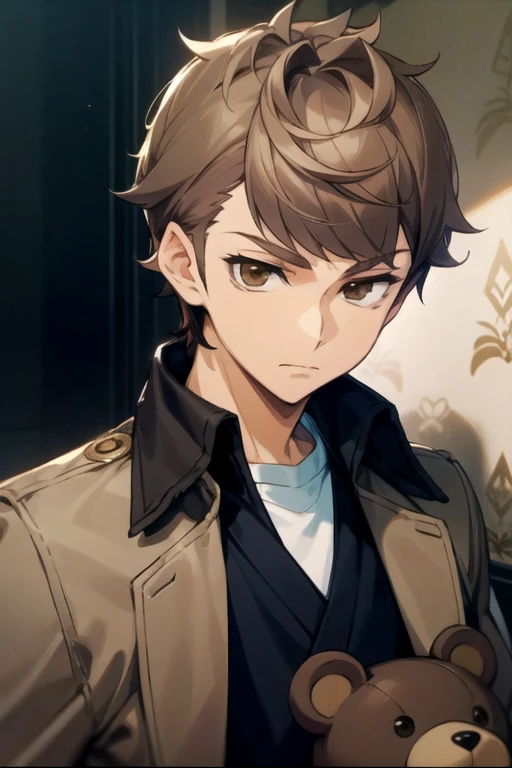 masterpiece, best quality, wallpaper, 1boy, solo, male focus, looking at viewer, upper body, depth of field, <lora:youichi_fujitani:0.74>, youichi_fujitani, brown hair, brown eyes, teddy bear costume, The Vale of Shadows: A dark and foreboding valley where no sunlight ever penetrates,