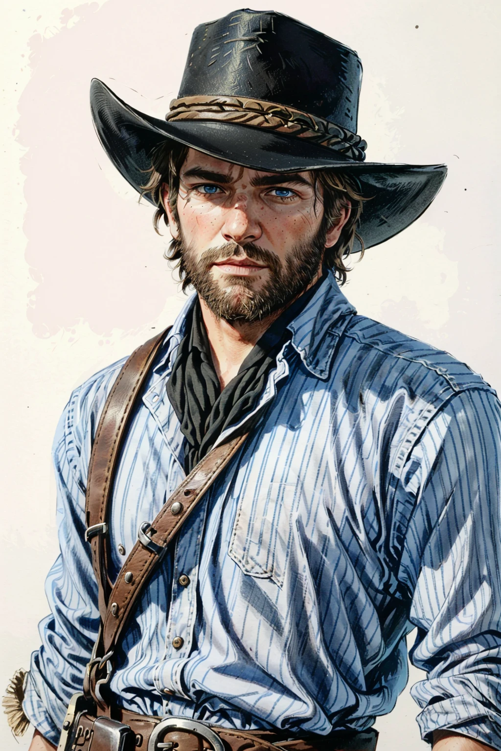 ArthurRDR, 1boy, male focus, solo, hat, facial hair, beard, cowboy hat, traditional media, blue eyes, looking at viewer, realistic, brown hair, upper body, striped, cowboy western, simple background, manly
<lora:epi_noiseoffset2:1>, <lora:ArthurRDR:0.7>