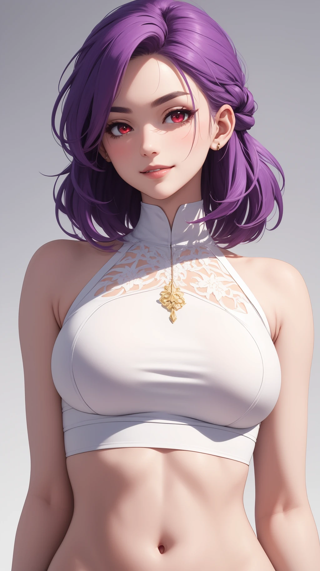 (masterpiece, best quality), intricate details, thin, ((slim)), beautiful girl, Purple hair tied up, white skin, dark red eyes, sharp jawline, crop top, messy hair, plump lips, upper body, close up, smirk