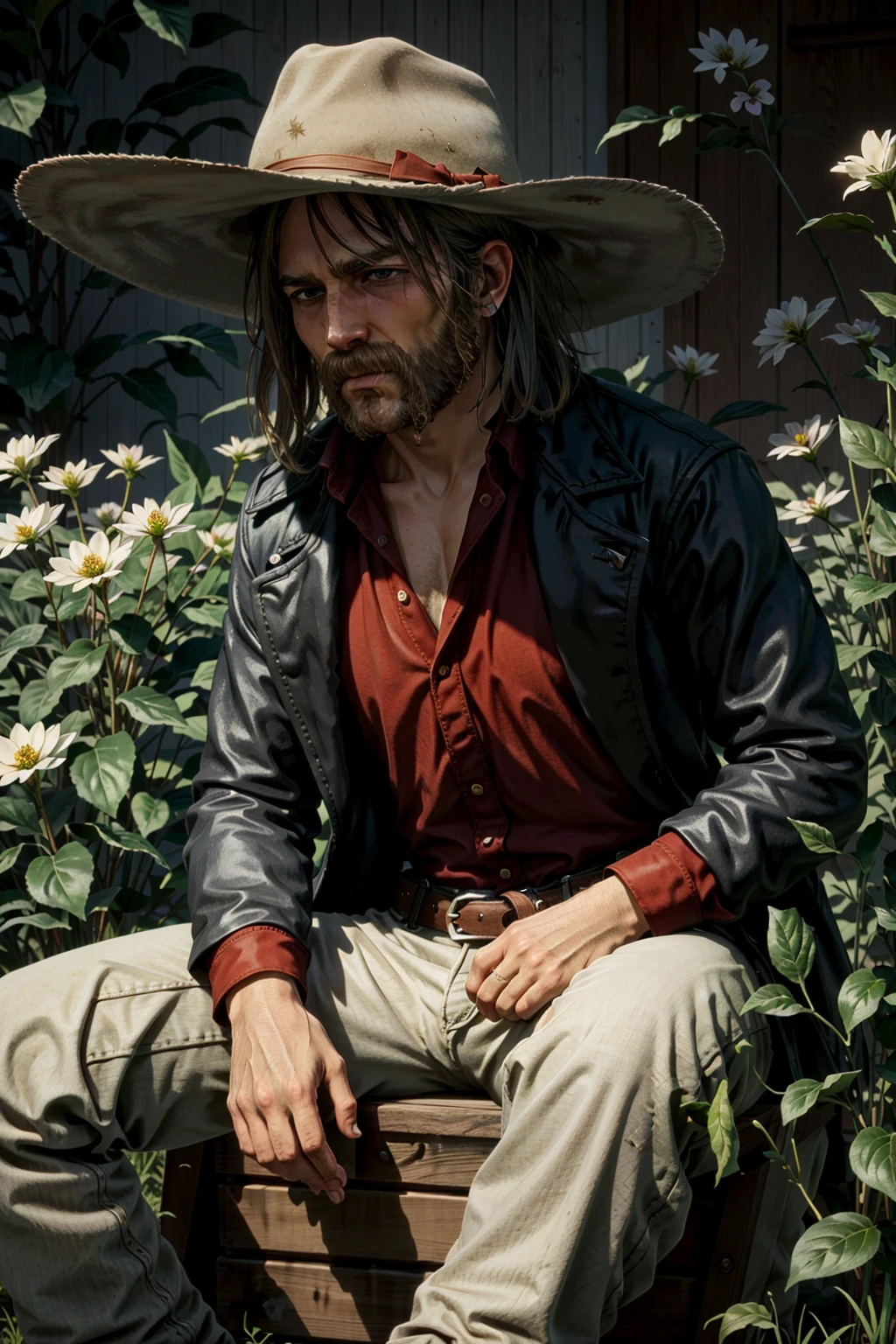 MicahRDR, male focus, 1boy, solo, beard, hat, facial hair, shirt, pants, sitting, flower, red shirt, cowboy hat, plant, cowboy western
<lora:epi_noiseoffset2:1>, <lora:MicahRDR:0.7>
