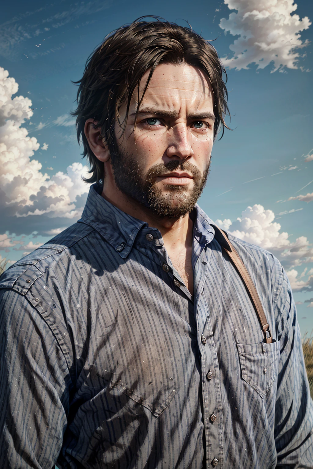 ArthurRDR, 1boy, solo, male focus, realistic, facial hair, brown hair, shirt, sky, striped, beard, cloud, striped shirt, looking at viewer, day
<lora:epi_noiseoffset2:1>, <lora:ArthurRDR:0.7>