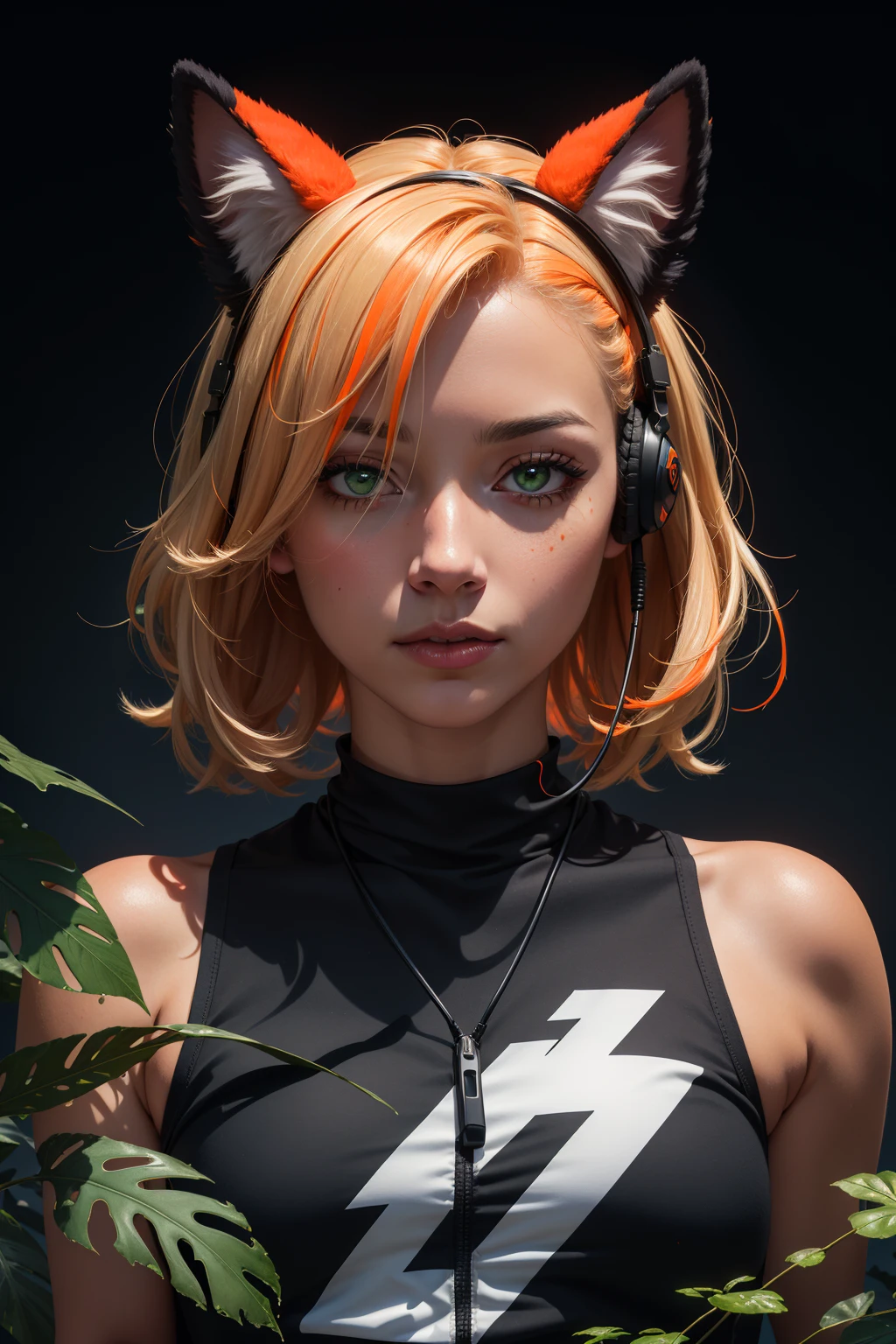 (masterpiece:1.1), (highest quality:1.1), (HDR:1.0), extreme quality, cg, (negative space), detailed face+eyes, 1girl, fox ears, animal ear fluff, (plants:1.18), (fractal art), (bright colors), splashes of color background, colors mashing, paint splatter, complimentary colors, neon, (thunder tiger), compassionate, electric, limited palette, synthwave, fine art, tan skin, upper body, (green and orange:1.2), time stop, sy3, SMM