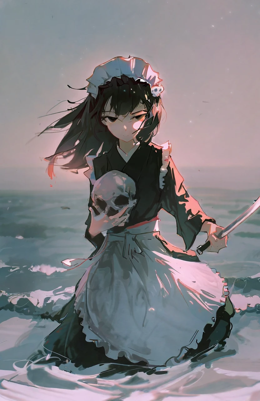 by dino, 1girl, holding skull, solo, holding, skull, maid headdress, looking at viewer, black hair, japanese clothes, medium hair, apron, kimono, black eyes, wa maid, black kimono, long sleeves, ocean, maid apron, white apron, closed mouth, wide sleeves, water, bangs, maid