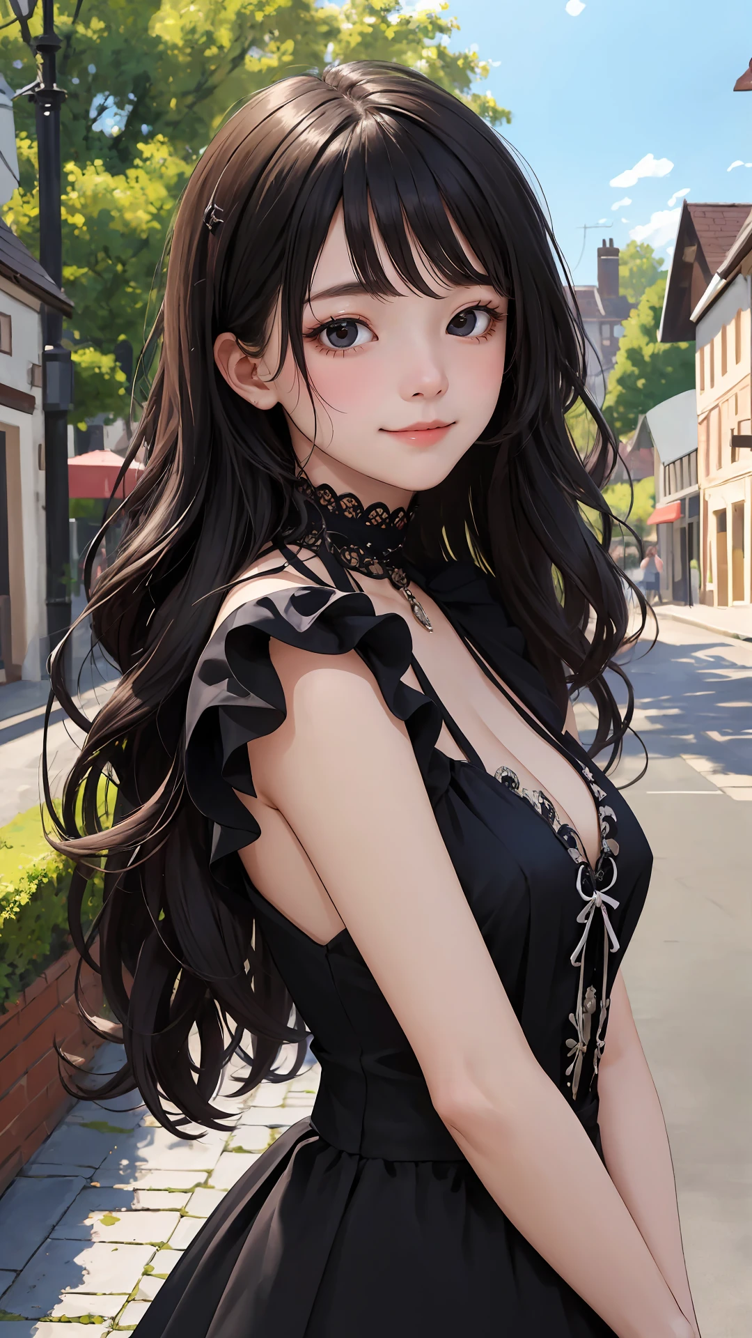 (masterpiece), (best quality), (absurdres), (looking at viewer), (upper body), (happy face:0.7),
day,
town, outdoors,
long hair, black hair, natural wavy, side bang, fringe, black eyes,
gothic dress,