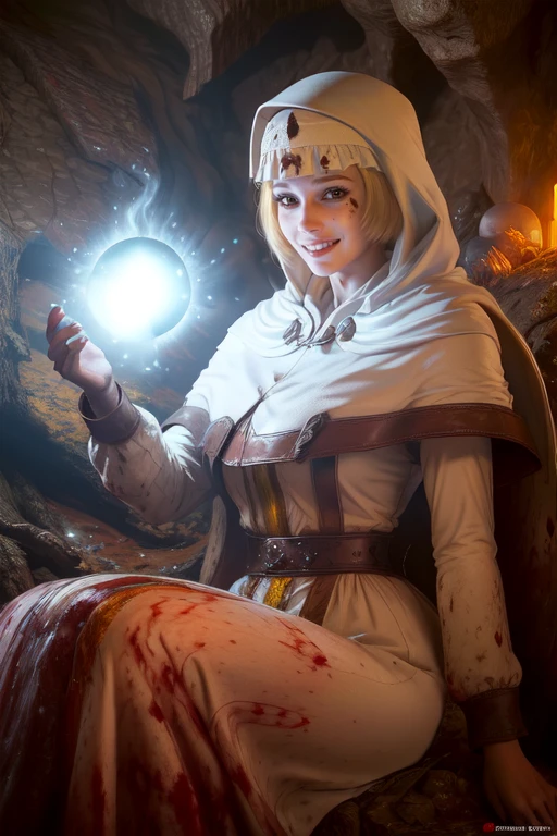 astrea, blonde hair, blunt bangs, brown eyes
hood, white dress, holding blue magic orb of awesome power, blood on clothes, blood on face,
solo, sitting, long sleeves, smiling,
dark cave, blood pool,
(insanely detailed, beautiful detailed face, masterpiece, best quality) cinematic lighting,
<lora:astrea:0.8>