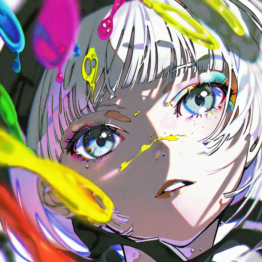 by yoneyama mai, konpaku youmu, 1girl, solo, bangs, portrait, looking at viewer, chromatic aberration, parted lips, blunt bangs, short hair, white background, blue eyes, blurry, grey hair, freckles, simple background
