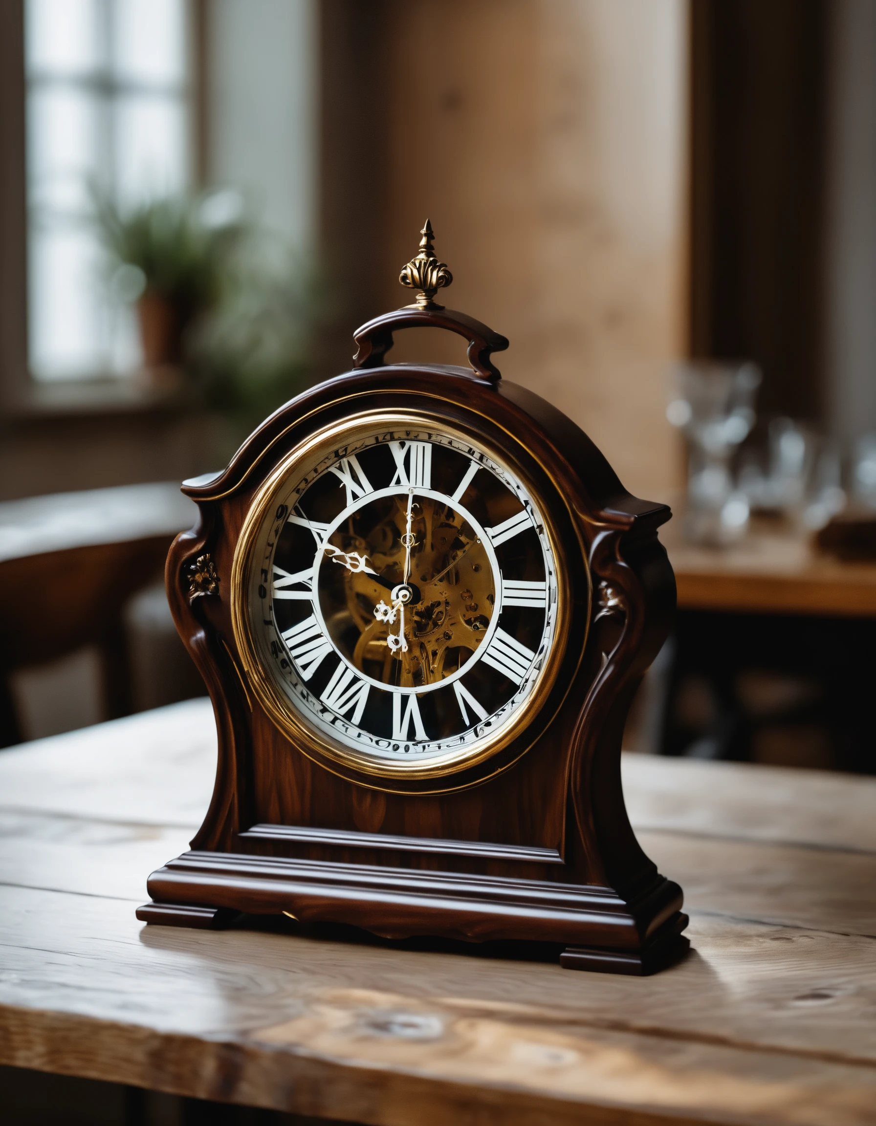 A detailed photo of a surreal clock that appears to be melting over the edge of a wooden table, intricate accurate details, focus on the distorted numbers and hands, 8K