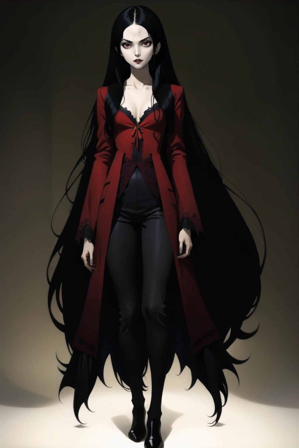 1girl, black hair, long hair, vampire, standing, full body, masterpiece, best quality,