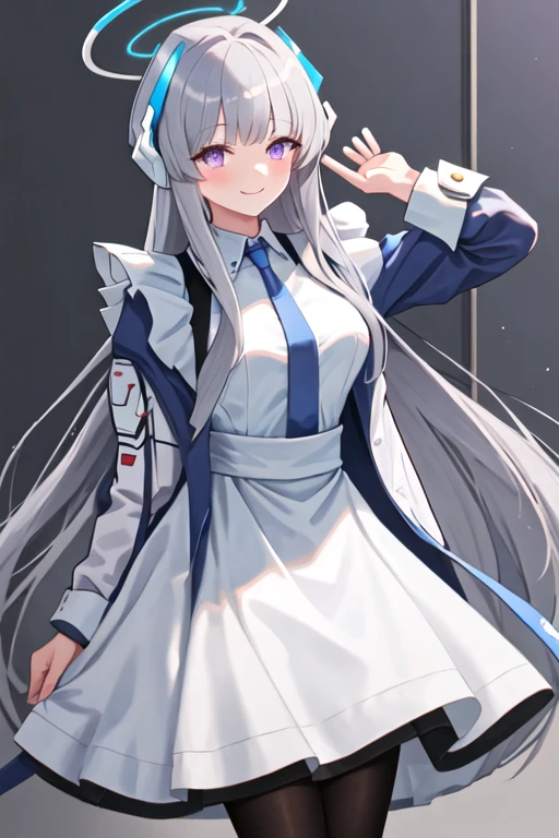 best quality, masterpiece, highres, solo, {maid:1.40}, {long maid dress:1.15}, {noa_bluearchive:1.15}, halo, long_hair, purple_eyes, bangs, grey_hair, smile, mechanical_halo, necktie, blue_necktie, suit, blush, formal, headphones, breasts, white_hair, white_suit, sidelocks, very_long_hair