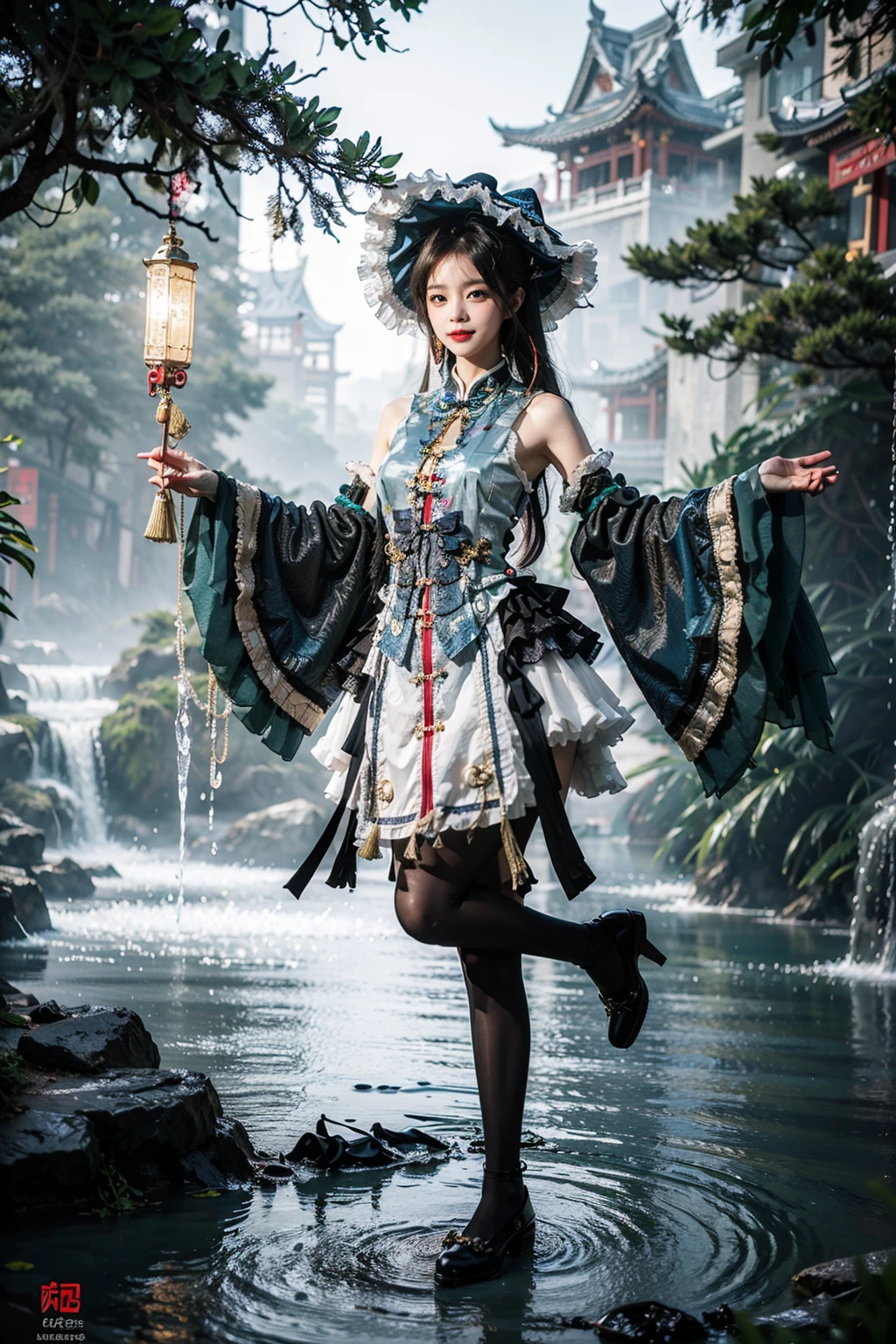 best quality, quality, masterpiece, photorealistic, 1girl, solo, full body, cns attire, layered dress, hat, detached sleeves, wide sleeves, jewelry, black pantyhose, detailed background, chinese garden, water, tress, <lora:cns_attire_style7_v1:0.65>