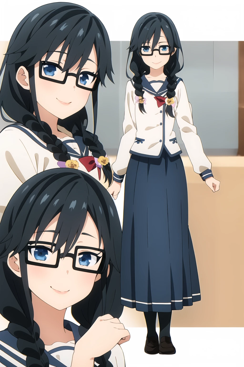 masterpiece, 1girl, pansy, blue eyes, black hair, twin braid, glasses, school uniform, serafuku, school uniform, medium long skirt, lips, smile, Mimicking a ballet pose