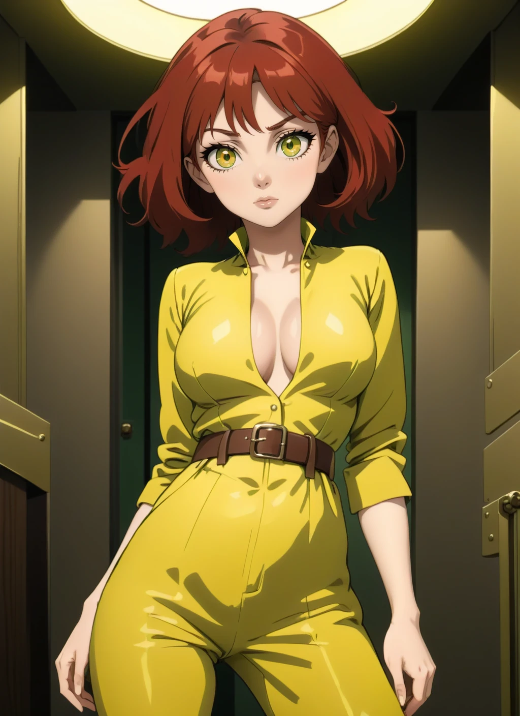 April O'neil, 1girl, belt, breasts, brown_hair, cleavage, green_eyes, hand_on_hip, (yellow jumpsuit:1.2), large_breasts, looking_at_viewer, short_hair, solo, red hair, masterpiece, best quality,
