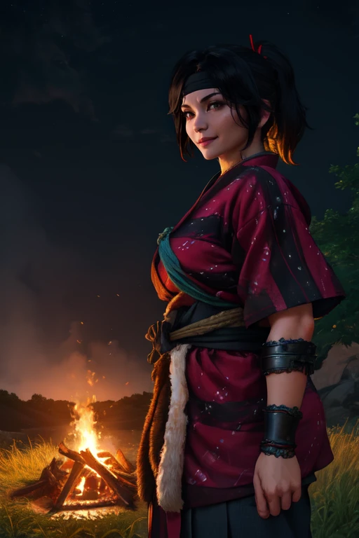 Yuna, black ponytail, 
solo, upper body, standing,  facing viewer,  light smile, 
red kimono,  black headband, pants,   standing,  cowboy shot, 
13th century Japan, fields,   windy,  night, campfire, 
 (insanely detailed, beautiful detailed face, masterpiece, best quality) cinematic lighting, 
 <lora:Yuna:0.7>