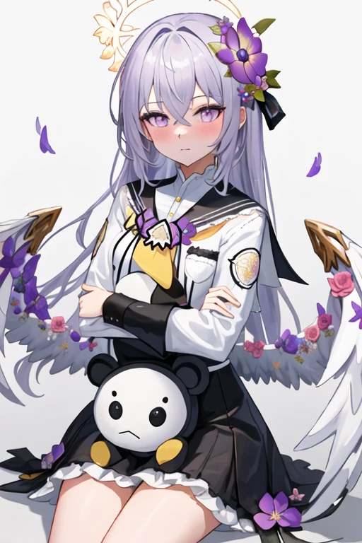 best quality, masterpiece, highres, solo, {azusa_bluearchive:1.15}, long_hair, hair_ornament, hair_between_eyes, flower, hair_flower, halo, wings, white_hair, purple_eyes, bangs, blush, purple_flower, white_wings, 1girl, looking_at_viewer, school_uniform, stuffed_animal, stuffed_toy, simple_background, object_hug