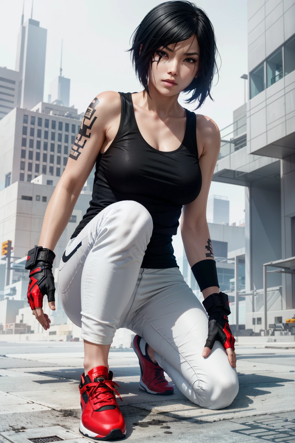 FaithMirror, 1girl, solo, gloves, tattoo, fingerless gloves, pants, realistic, one knee, black hair, shoes, sneakers, short hair, tank top, lips, red footwear, face tattoo
<lora:epi_noiseoffset2:1>, <lora:FaithMirror:0.7>
