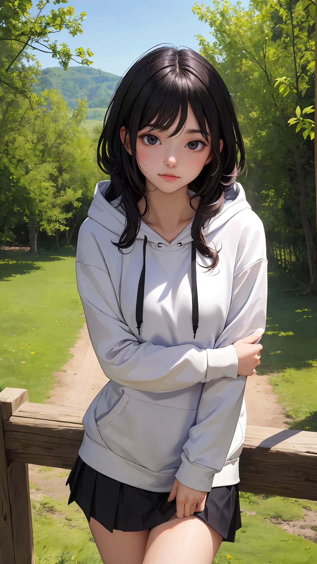 (masterpiece), (best quality), (absurdres), (looking at viewer), (cowboy shot), peaceful face,
day,
country side, outdoors,
long hair, black hair, natural wavy, side bang, fringe, black eyes,
hoodie with skirt, bare legs, standing,