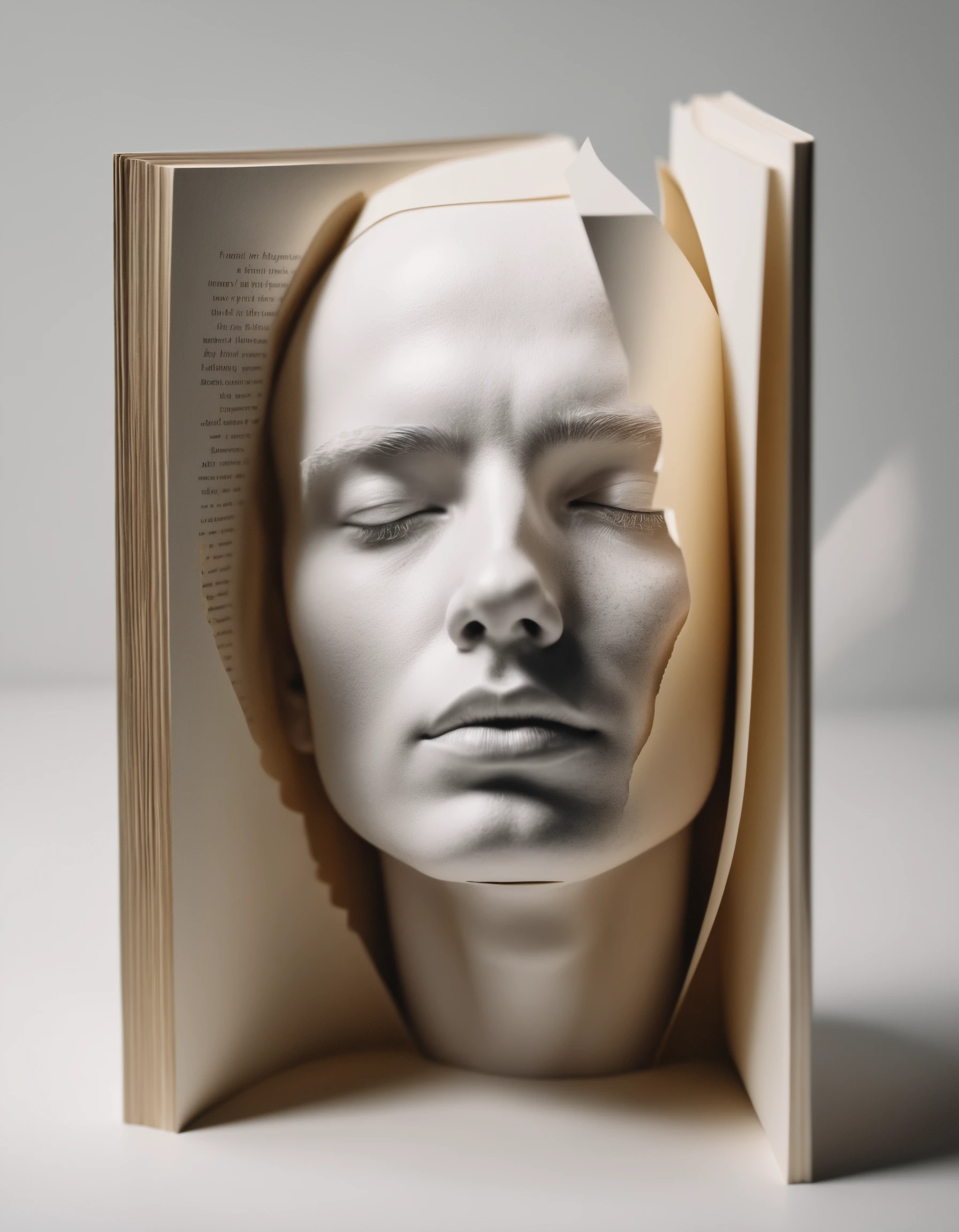 A surreal portrait of a human face being opened like a book, intricate accurate details, capturing the transition from skin to paper, 8K
