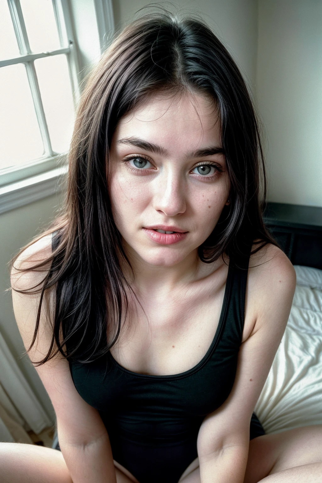 Analog photo of a you woman age of 19, (pale  woman), ((black hair)), (detailed face features), fun person,wearing tank top and bottom pyjamas, in a bedroom, upperbody, 90's room decoration, ambient mood lighthing, from above (8K, RAW photo, best quality, masterpiece:1.2), (realistic, photo-realistic:1.4), ultra-detailed (grainy:0.2) <lora:add_detail:1>