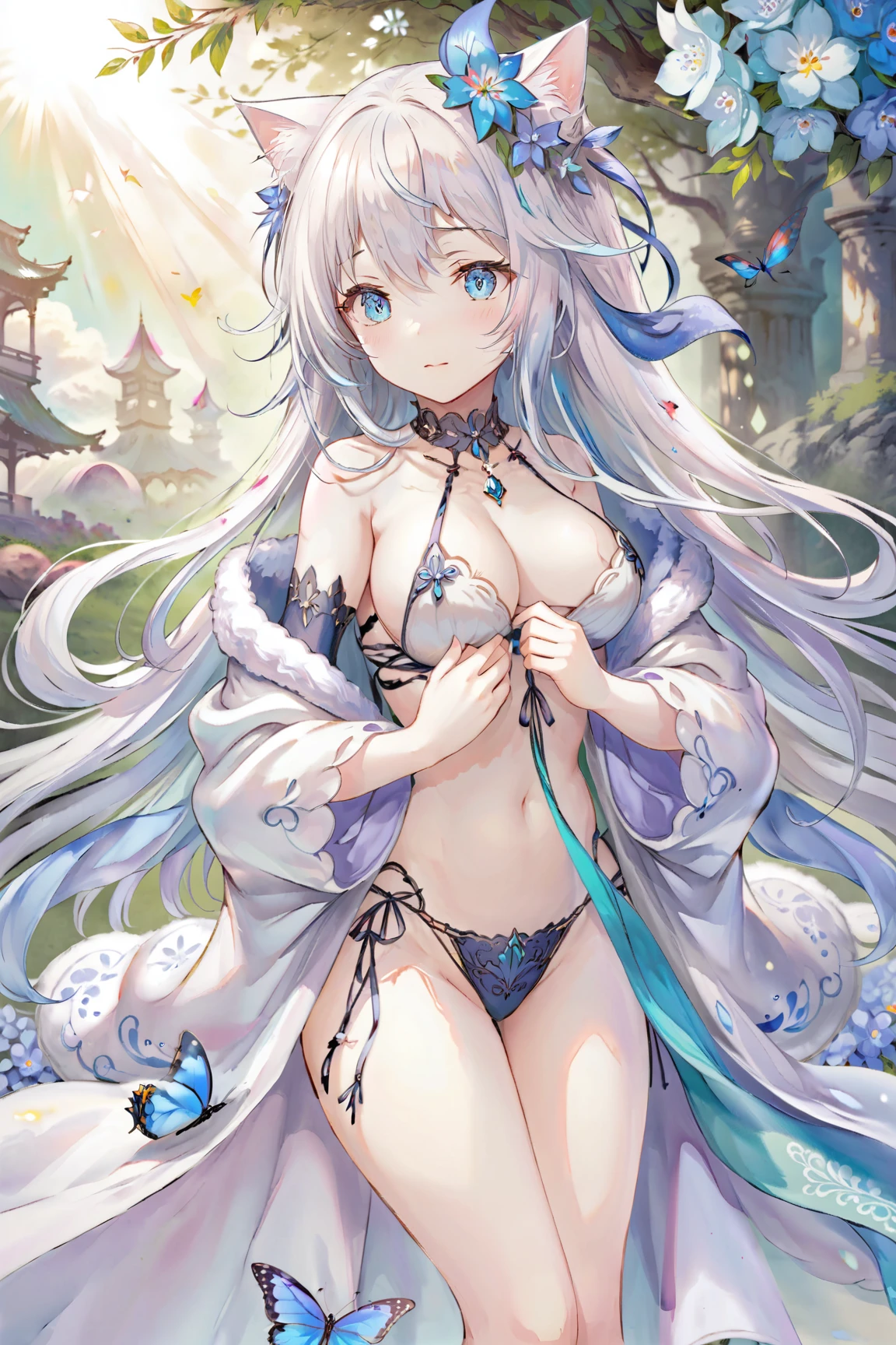 ultra-detailed,(best quality),((masterpiece)),(highres),original,extremely detailed 8K wallpaper,(an extremely delicate and beautiful),
anime
\\
small_breasts,{one girl}, very long light white hair, beautiful detailed blue eyes, aqua eyes, white robe, cat ears, {flower hairpin}, {surrounded by beautiful detailed blue flowers}, sunlight, light smile, beautiful detailed blue necklace, {{{see-through}}}, flower request, breast_focus, {luxuriant bra}, {{breast_conscious}}, presenting breast, {hand on breast},{covering_breasts},
 <lora:colored pencil_xl:0.3>  <lora:moriti_xl:0.3>