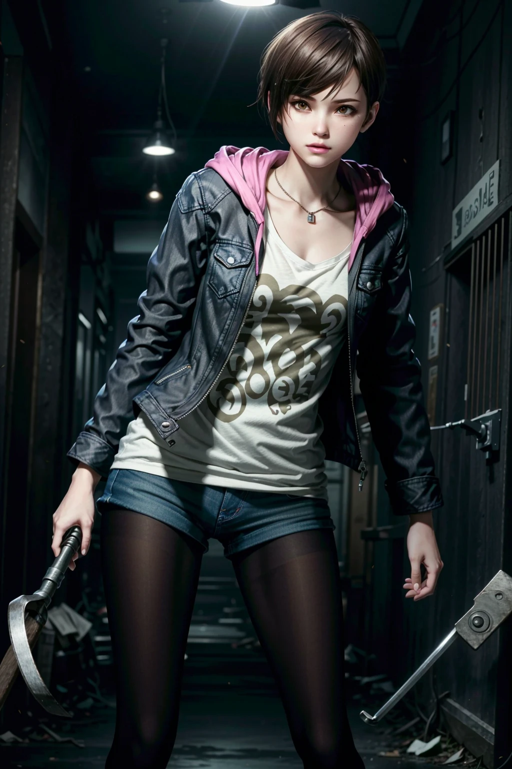 MoiraRE, 1girl, shorts, pantyhose, solo, jacket, short hair, shirt, hood, standing, brown hair, holding, legwear under shorts, flashlight, short shorts, open clothes, watch, denim, hoodie, swept bangs, open jacket, white shirt, hood down, brown eyes, black jacket, jewelry, weapon, wristwatch
<lora:epi_noiseoffset2:1>, <lora:MoiraRE:0.7>