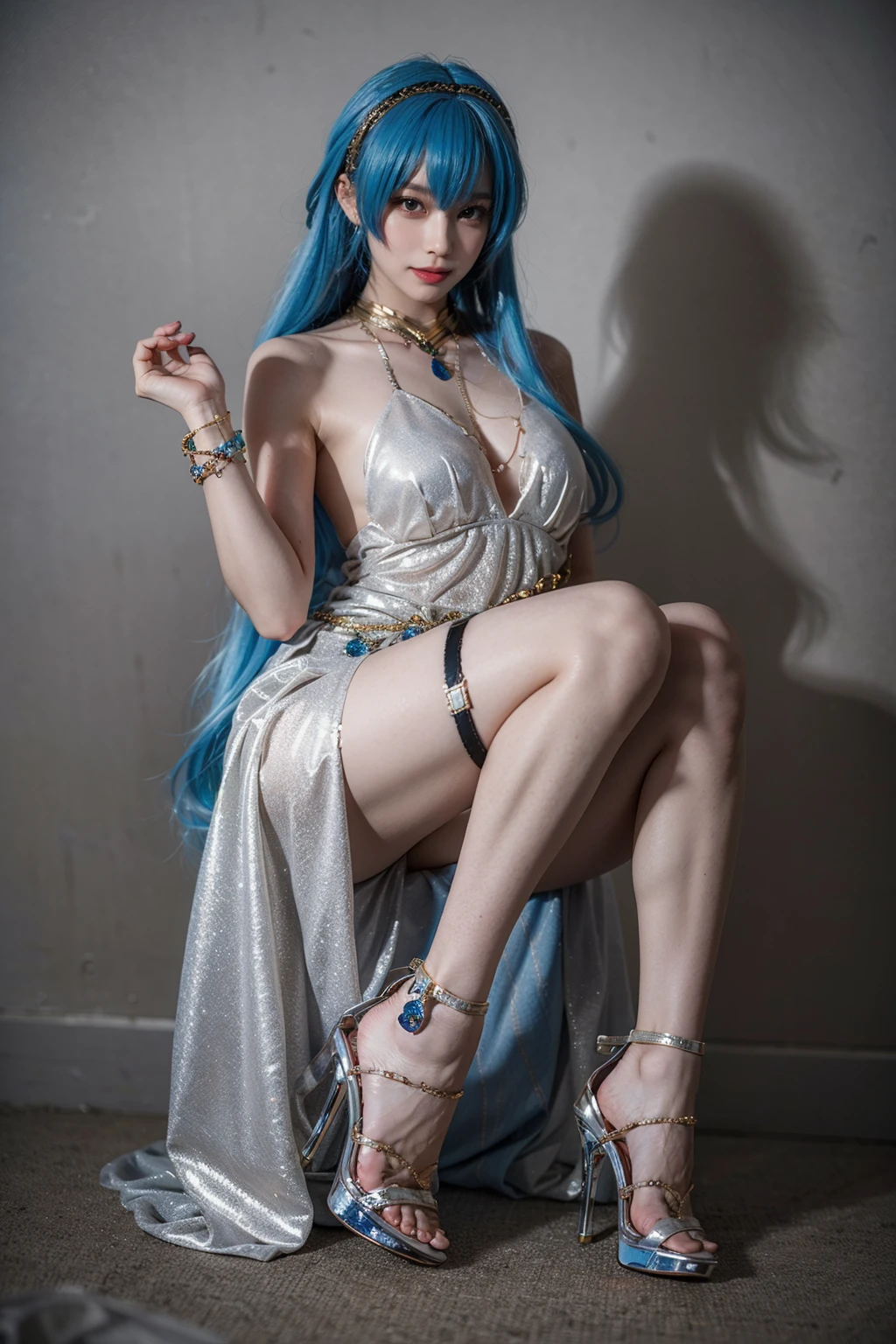 best quality, quality, masterpiece, photorealistic, 1girl, solo, full body, helm cosplay costume, cosplay, dress, jewelry, high heels, simple background, thigh strap, <lora:nikke_helm_cosplay_costume_v1:0.65>