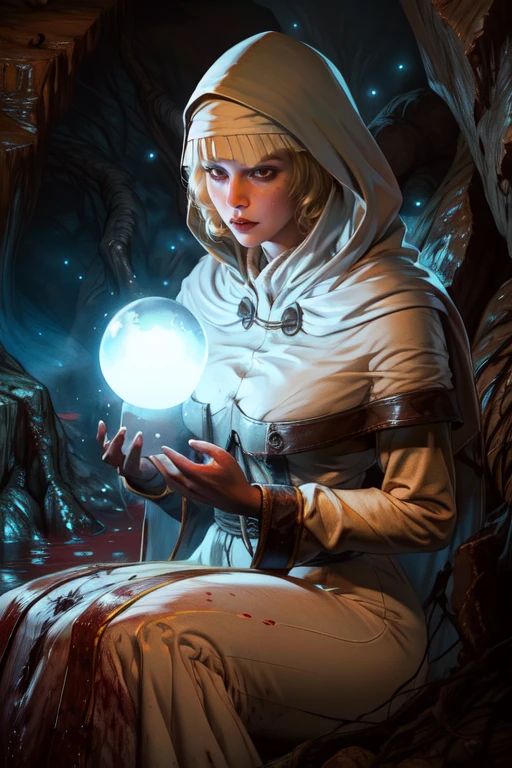 astrea, blonde hair, blunt bangs, brown eyes
hood, white dress, holding blue magic orb,
solo, sitting, long sleeves,
dark cave, blood pool, horror \(theme\),
(insanely detailed, beautiful detailed face, masterpiece, best quality) cinematic lighting,
<lora:astrea:0.8>