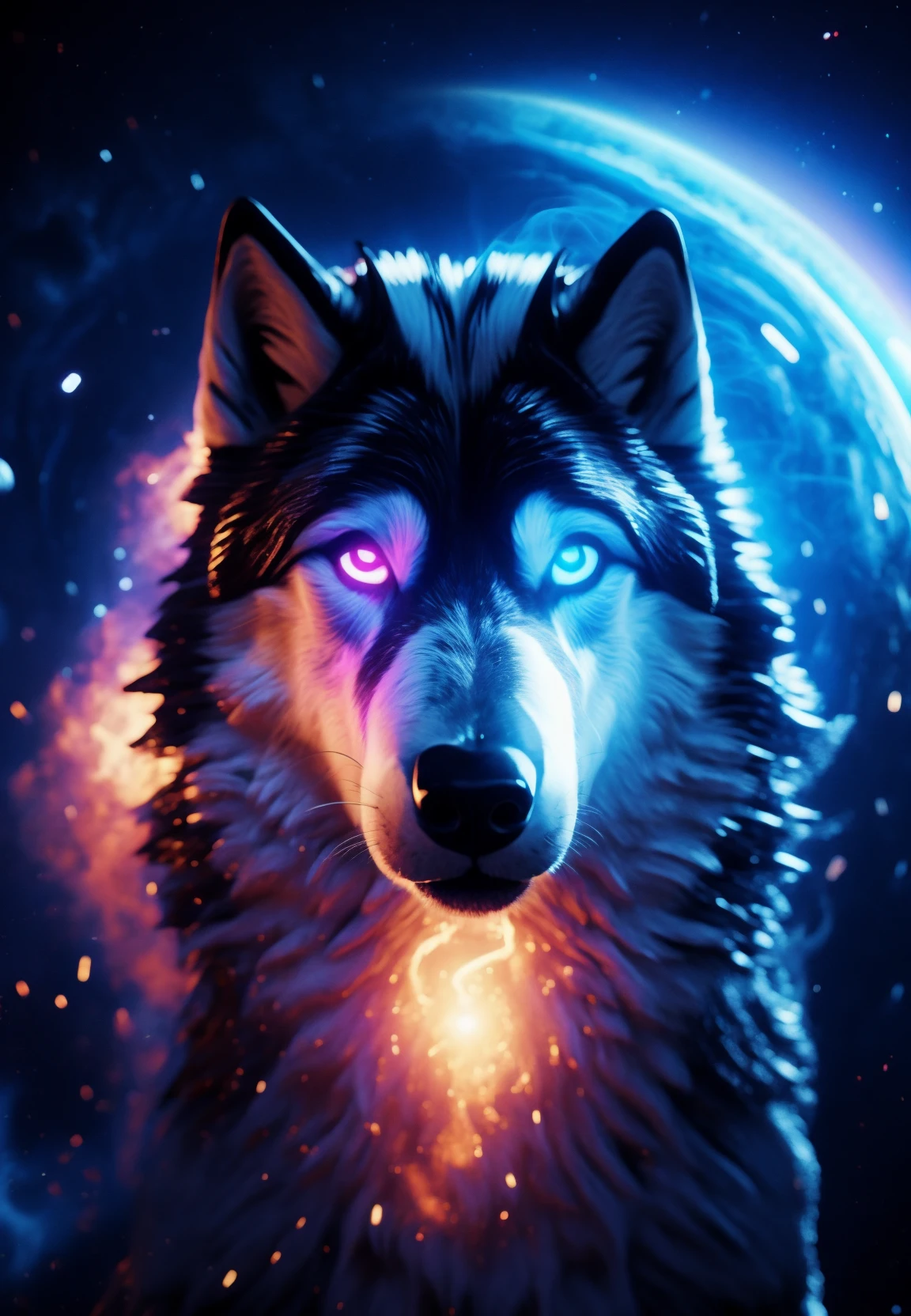 feral, wolf, energy, galaxies, spirals, space, nebulae, stars, smoke, iridescent, intricate detail, in the shape of a wolf, octane render, 8k