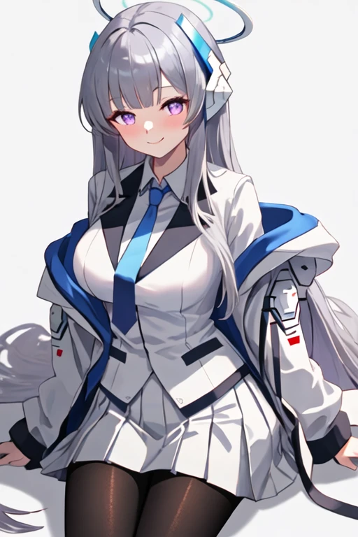 best quality, masterpiece, highres, solo, {noa_bluearchive:1.15}, halo, long_hair, purple_eyes, bangs, grey_hair, smile, mechanical_halo, necktie, blue_necktie, suit, blush, formal, headphones, breasts, white_hair, white_suit, sidelocks, very_long_hair, 1girl, collared_shirt, jacket, looking_at_viewer, pantyhose, pleated_skirt, shirt, simple_background, skirt, white_background, white_jacket, white_shirt, white_skirt, black_pantyhose, open_clothes, open_jacket, sitting, long_sleeves