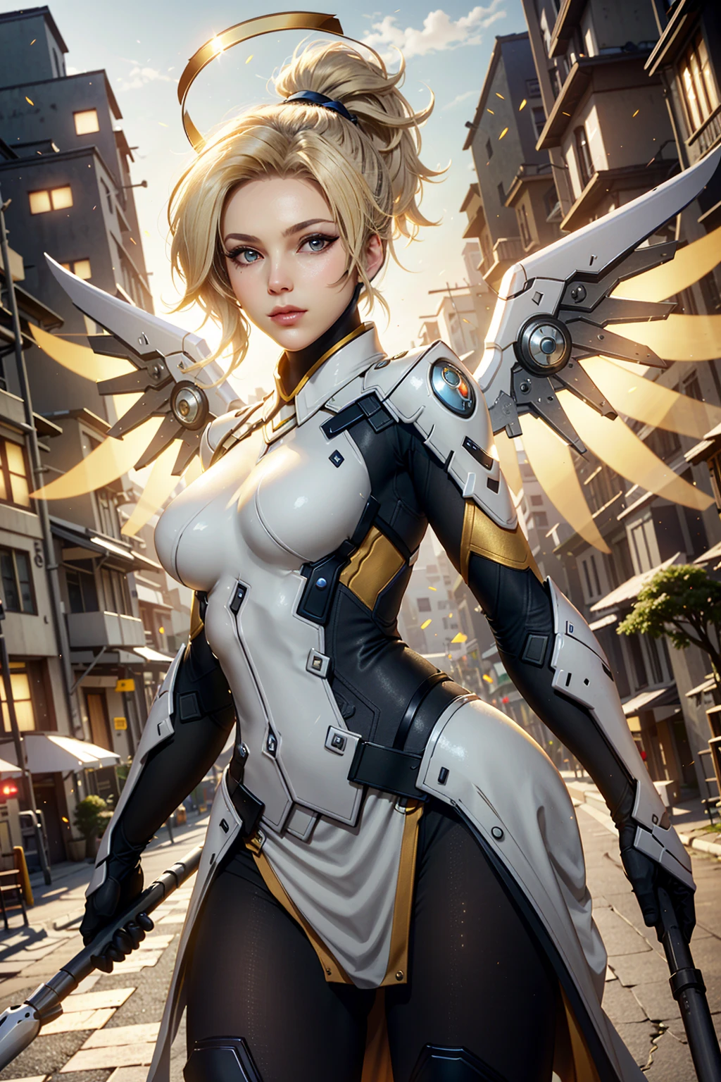 MercyOver, 1girl, mercy (overwatch), mechanical halo, solo, mechanical wings, wings, halo, blue eyes, yellow wings, bodysuit, looking at viewer, blonde hair, breasts, hand on own chest, staff, lips, spread wings, high ponytail, glowing, building, ponytail, glowing wings, medium breasts, blurry, outdoors, city, holding staff, gloves
<lora:epi_noiseoffset2:1>, <lora:MercyOver:0.7>