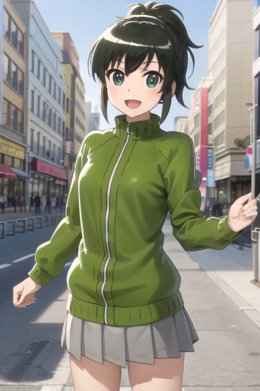 (((pixel-perfect, detail-perfect, photo-perfect))), solo, 1girl, <lora:niko-mikakunin-01:0.7>, niko oono, skirt, green track jacket, looking at viewer, smile, open mouth, :d