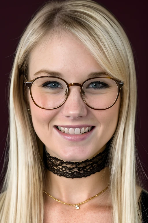 glasses, Sharp Focus, wo_jewel01, her expression is happy with a big smile, blonde hair, (close-up:0.8), low key lighting, shot on Lumix GH5, cinematic bokeh, lace choker, (simple background:1.2), teasing, detailed skin, <lora:woJewel01:0.85>