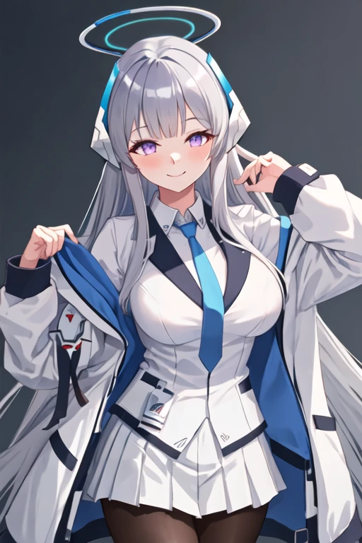 best quality, masterpiece, highres, solo, {noa_bluearchive:1.15}, halo, long_hair, purple_eyes, bangs, grey_hair, smile, mechanical_halo, necktie, blue_necktie, suit, blush, formal, headphones, breasts, white_hair, white_suit, sidelocks, very_long_hair