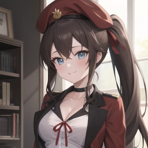 (masterpiece, best quality:1.2),illustration,8k,hd,1girl,solo,upper body,(portrait:1.2),hat,blue eyes,smile,cleavage,beret,fur trim,brown hair,belt,white shirt,short shorts,ponytail,red headwear,black shorts,black thighhighs,red ribbon,choker,red jacket,open jacket,open clothes,bangs,side ponytail,very long hair,medium breasts,shoes,<lora:Female-command(remake)-V1.2>,