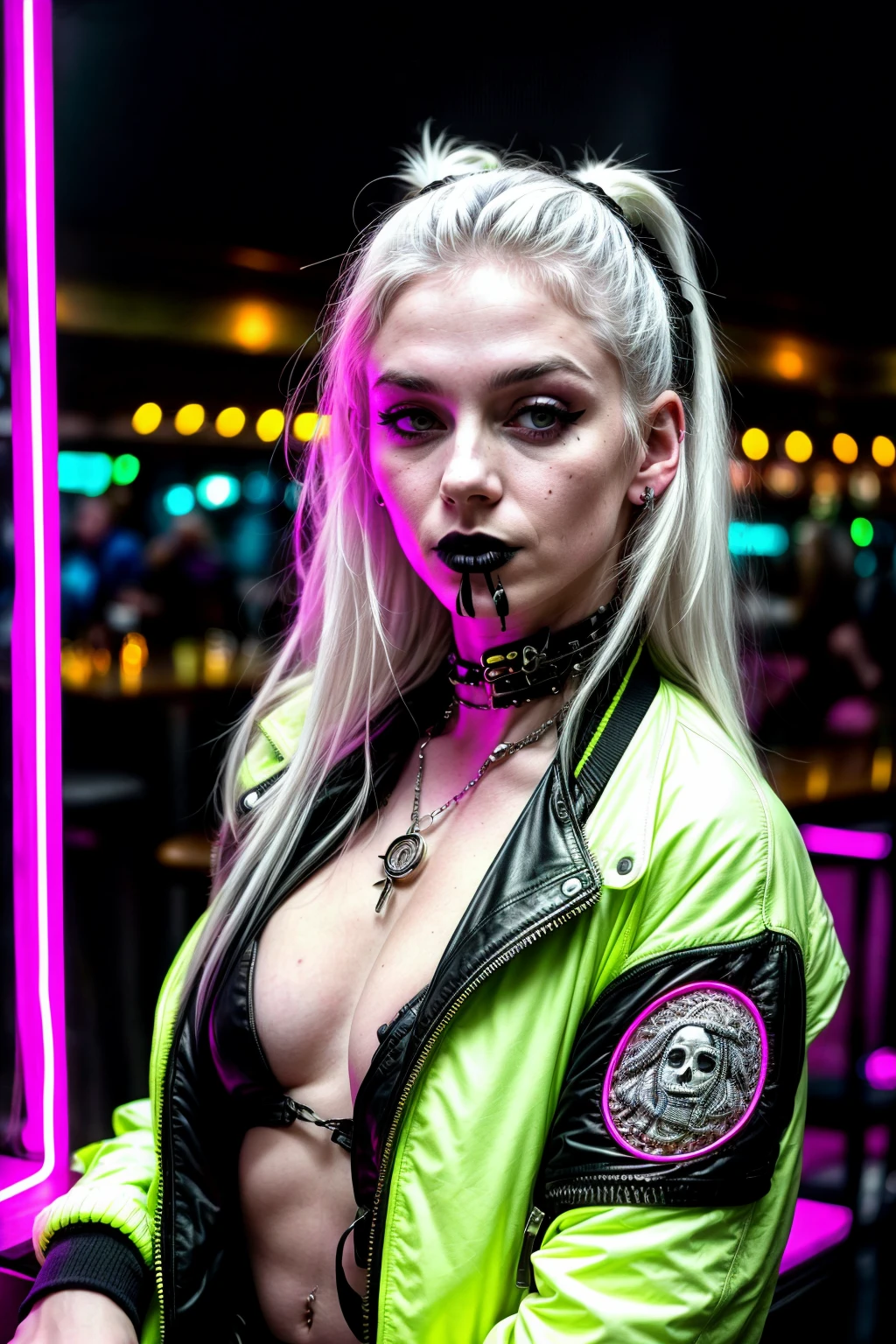 Candid photo of a you woman age of 19, (goth woman:1.2), (hippie white hair), (detailed face features), fun person, (wearing neon jacket), in a bar, upperbody, 90's room decoration, rim lighthing, from above (8K, RAW photo, best quality, masterpiece:1.2), (realistic, photo-realistic:1.4), ultra-detailed (grainy:0.2) <lora:add_detail:1>