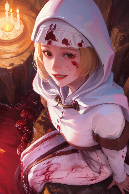 astrea, blonde hair, blunt bangs, brown eyes
hood, white dress,  blood on clothes, blood on face, 
solo, sitting, long sleeves,  smiling,   
dark cave, blood pool,  from above, 
(insanely detailed, beautiful detailed face, masterpiece, best quality) cinematic lighting,
 <lora:astrea:0.8>